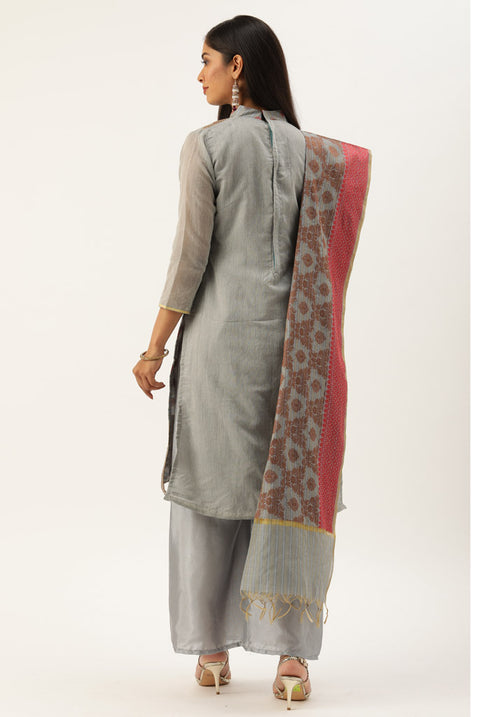 Grey Heavy Silk Banarasi Weaving Work Unstitched Salwar Suit Material