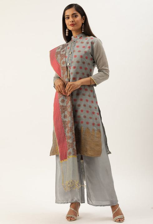 Grey Heavy Silk Banarasi Weaving Work Unstitched Salwar Suit Material