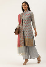 Load image into Gallery viewer, Grey Heavy Silk Banarasi Weaving Work Unstitched Salwar Suit Material
