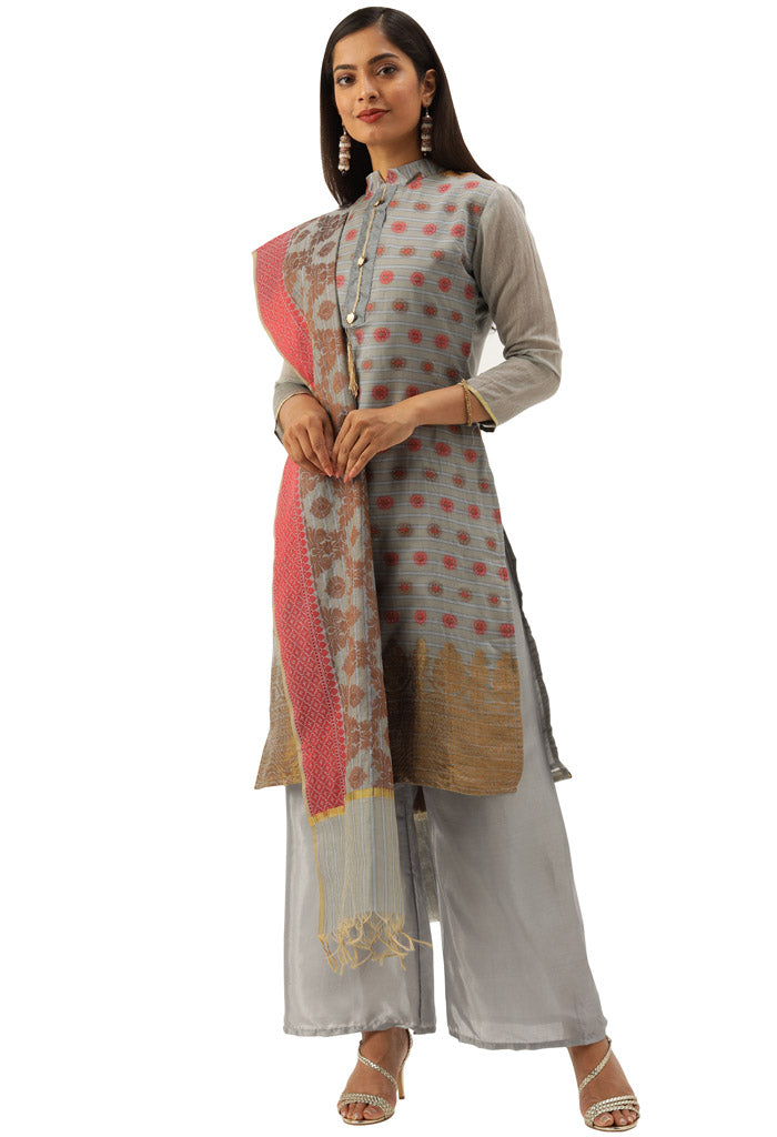 Grey Heavy Silk Banarasi Weaving Work Unstitched Salwar Suit Material