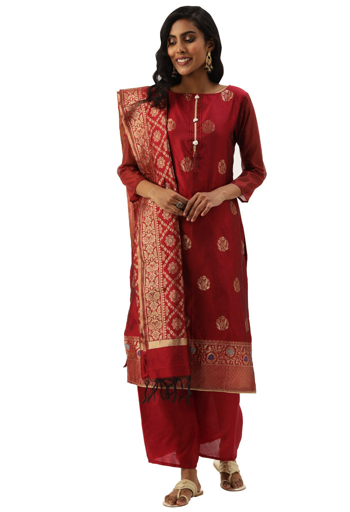 Maroon Heavy Silk Banarasi Embellished Unstitched Salwar Suit Material