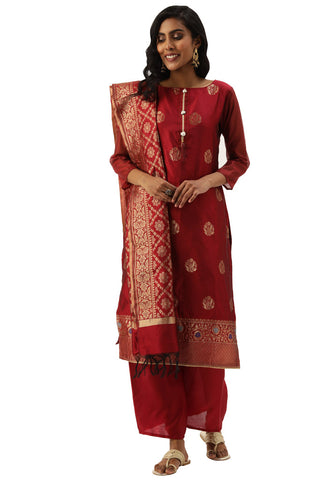 Maroon Heavy Silk Banarasi Embellished Unstitched Salwar Suit Material