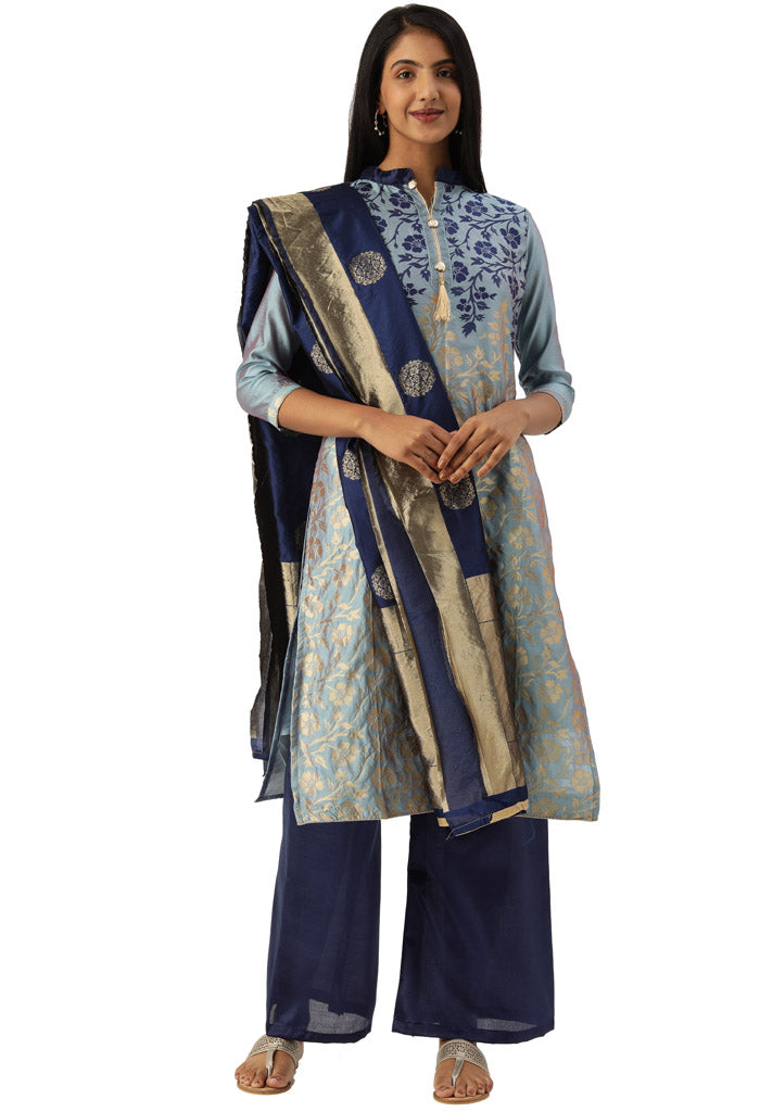 Blue Heavy Silk Banarasi Weaving Work Unstitched Salwar Suit Material
