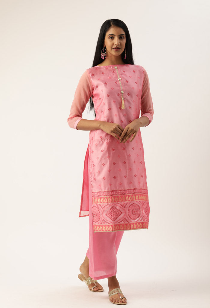 Baby Pink Heavy Silk Banarasi Weaving Work Unstitched Salwar Suit Material - Rajnandini
