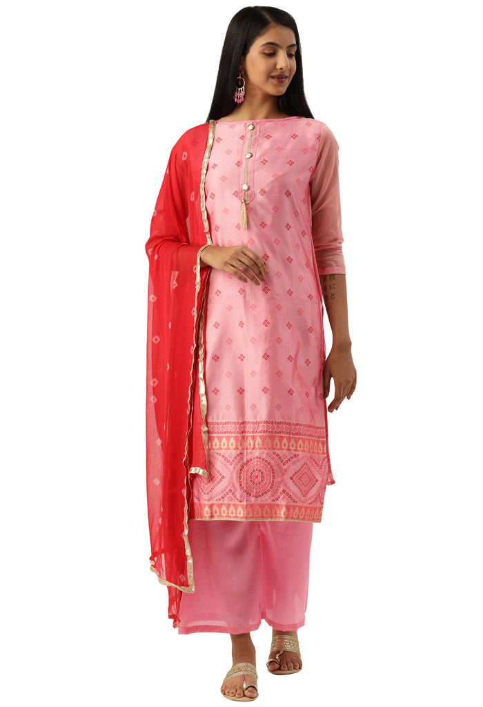 Baby Pink Heavy Silk Banarasi Weaving Work Unstitched Salwar Suit Material