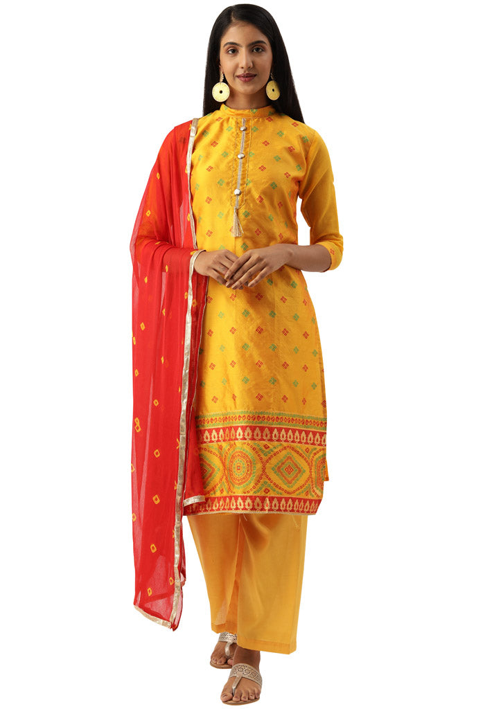 Yellow Heavy Silk Banarasi Weaving Work Unstitched Salwar Suit Material