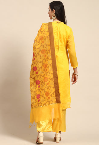 Yellow Chanderi Silk Woven Semi-Stitched Salwar Suit Material