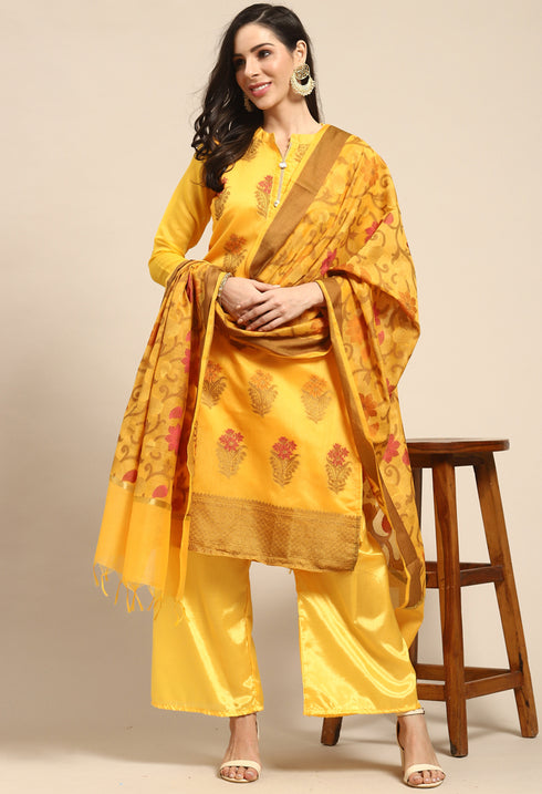 Yellow Chanderi Silk Woven Semi-Stitched Salwar Suit Material