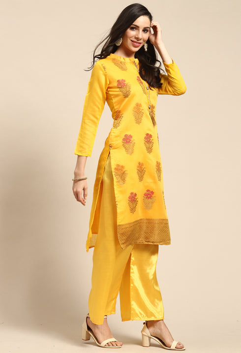 Yellow Chanderi Silk Woven Semi-Stitched Salwar Suit Material