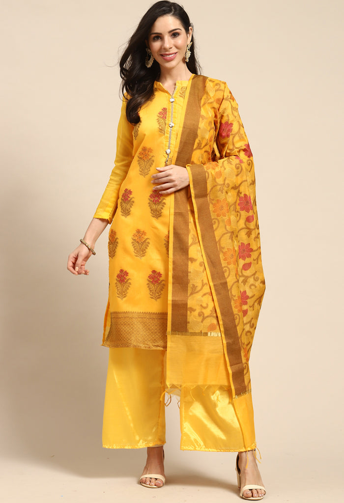 Yellow Chanderi Silk Woven Semi-Stitched Salwar Suit Material