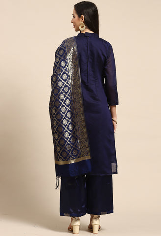 Navy Blue Heavy Silk Banarasi Woven Semi-Stitched Salwar Suit Material