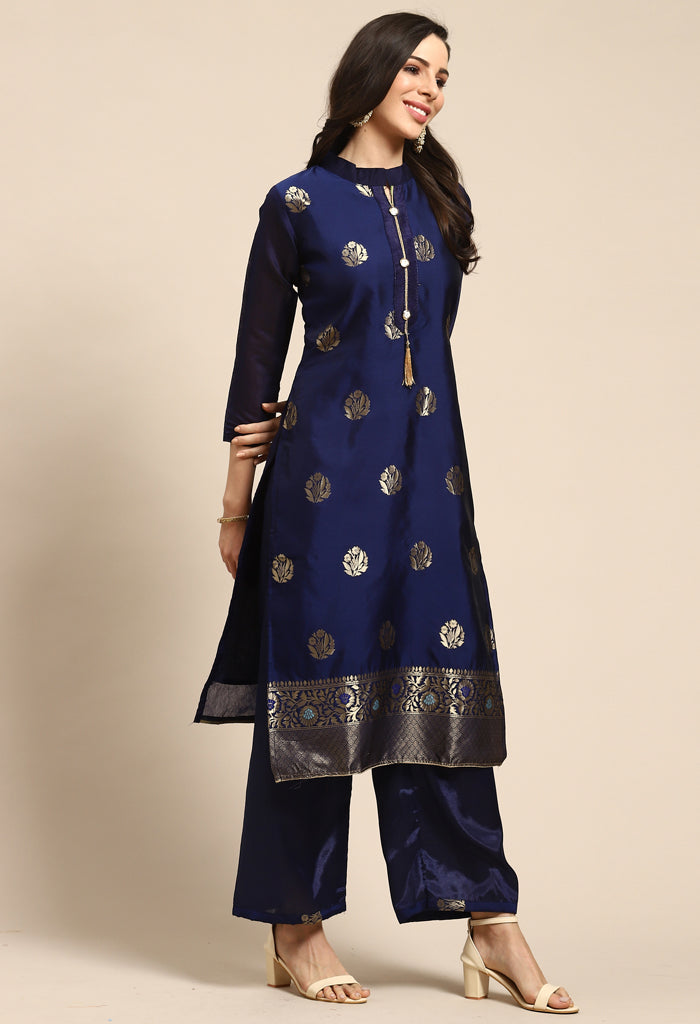 Navy Blue Heavy Silk Banarasi Woven Semi-Stitched Salwar Suit Material