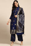 Navy Blue Heavy Silk Banarasi Woven Semi-Stitched Salwar Suit Material