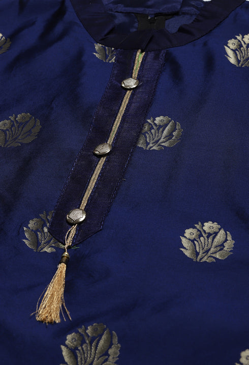 Navy Blue Heavy Silk Banarasi Woven Semi-Stitched Salwar Suit Material