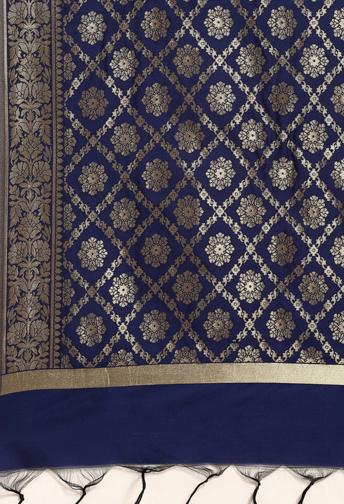 Navy Blue Heavy Silk Banarasi Woven Semi-Stitched Salwar Suit Material