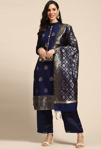 Navy Blue Heavy Silk Banarasi Woven Semi-Stitched Salwar Suit Material