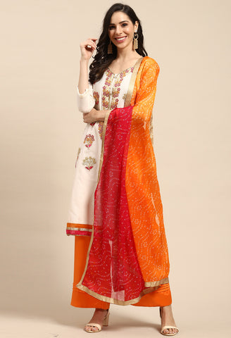 Off-White Chanderi Silk Embroidered Semi-Stitched Salwar Suit Material