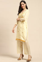 Load image into Gallery viewer, Light Yellow Chanderi Silk Embroidered Semi-Stitched Salwar Suit Material