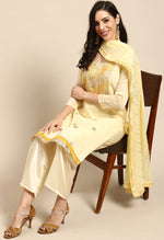 Load image into Gallery viewer, Light Yellow Chanderi Silk Embroidered Semi-Stitched Salwar Suit Material
