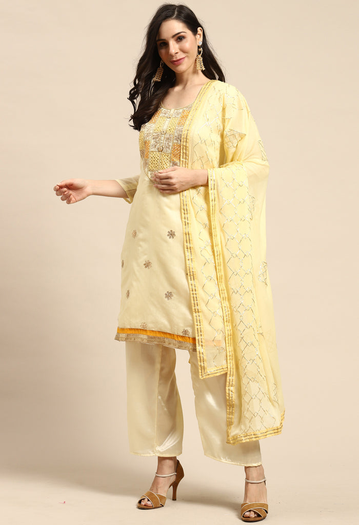 Light Yellow Chanderi Silk Embroidered Semi-Stitched Salwar Suit Material