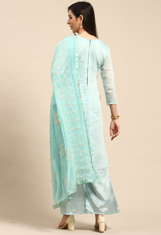 Turquoise Blue Chanderi Silk Embroidered Semi-Stitched Salwar Suit Material