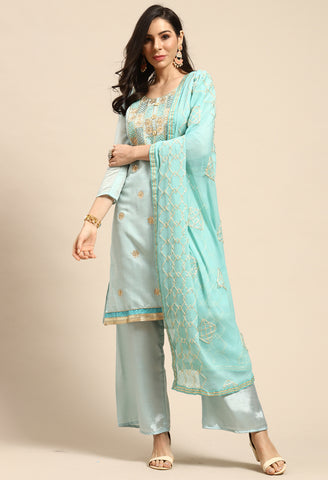 Turquoise Blue Chanderi Silk Embroidered Semi-Stitched Salwar Suit Material