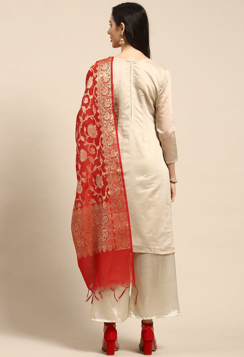 Taupe Chanderi Silk Embroidered Semi-Stitched Salwar Suit Material