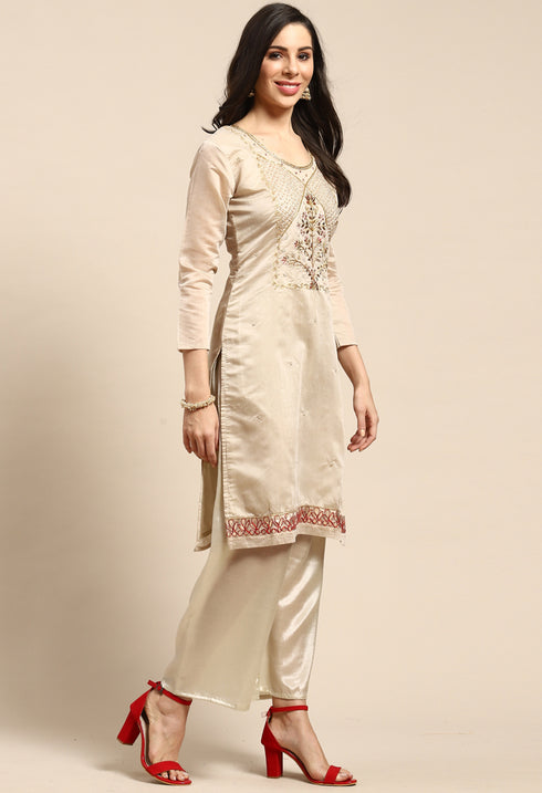 Taupe Chanderi Silk Embroidered Semi-Stitched Salwar Suit Material