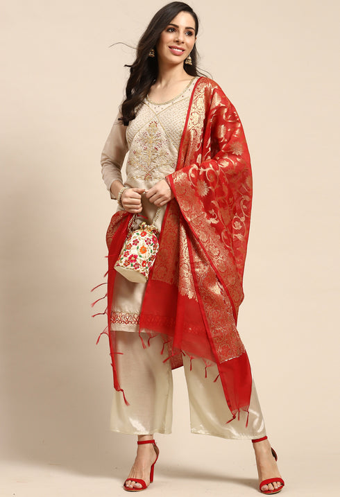 Taupe Chanderi Silk Embroidered Semi-Stitched Salwar Suit Material