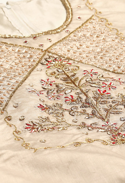 Taupe Chanderi Silk Embroidered Semi-Stitched Salwar Suit Material