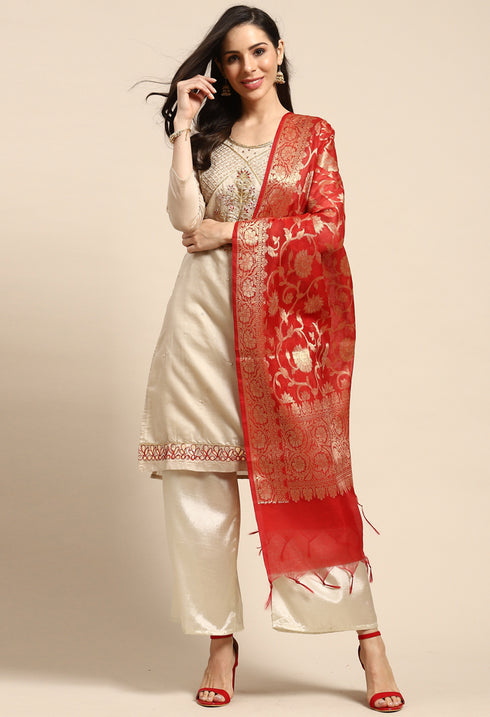 Taupe Chanderi Silk Embroidered Semi-Stitched Salwar Suit Material