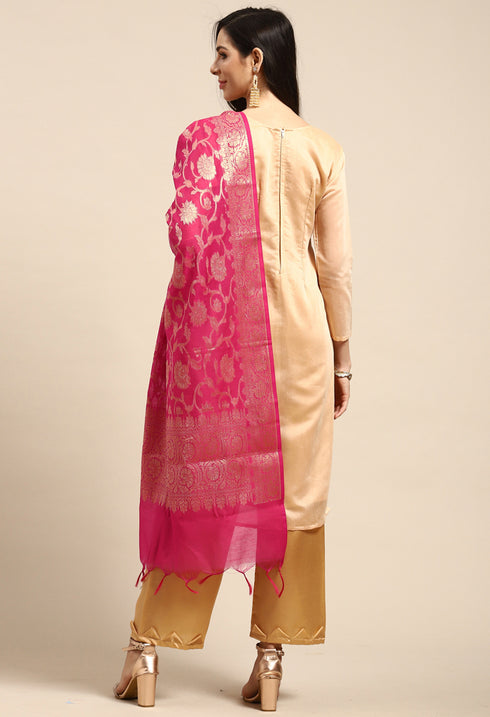 Peach Chanderi Silk Embroidered Semi-Stitched Salwar Suit Material