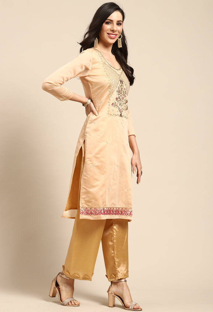 Peach Chanderi Silk Embroidered Semi-Stitched Salwar Suit Material