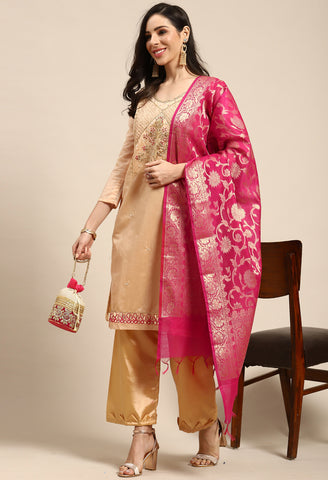 Peach Chanderi Silk Embroidered Semi-Stitched Salwar Suit Material