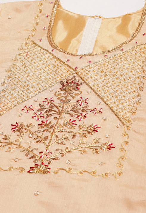 Peach Chanderi Silk Embroidered Semi-Stitched Salwar Suit Material