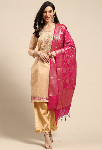 Peach Chanderi Silk Embroidered Semi-Stitched Salwar Suit Material