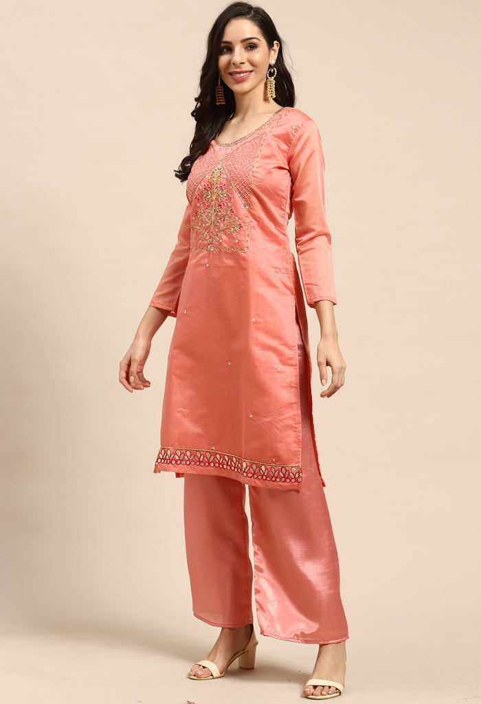Pink Chanderi Silk Embroidered Semi-Stitched Salwar Suit Material