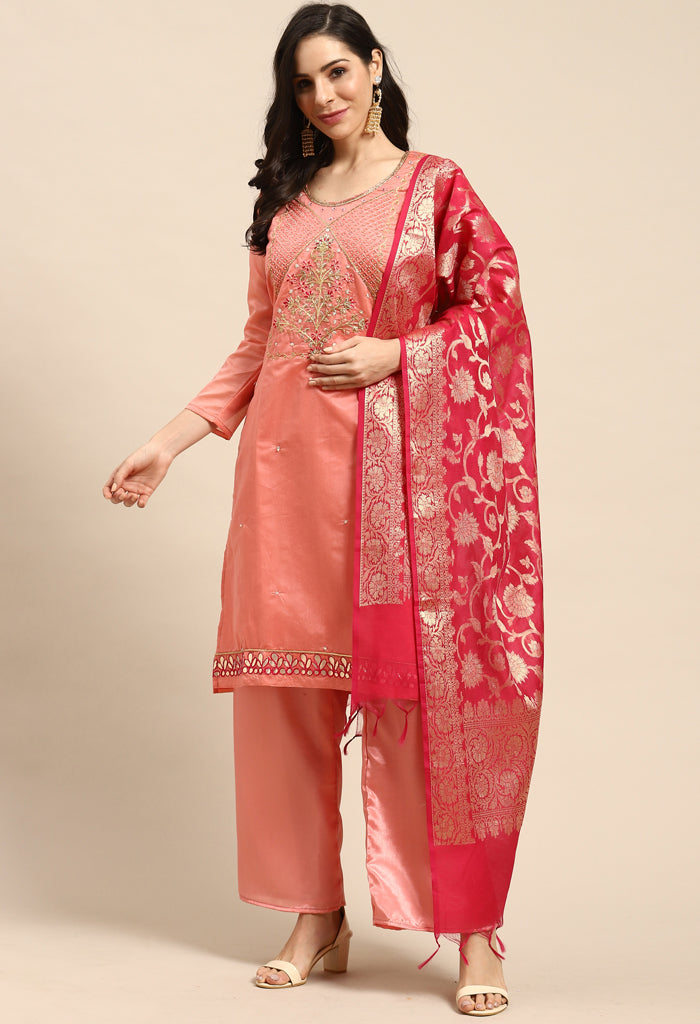 Pink Chanderi Silk Embroidered Semi-Stitched Salwar Suit Material