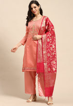 Load image into Gallery viewer, Pink Chanderi Silk Embroidered Semi-Stitched Salwar Suit Material
