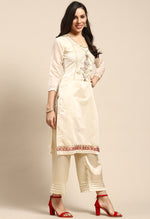 Load image into Gallery viewer, Off-White Chanderi Silk Embroidered Semi-Stitched Salwar Suit Material