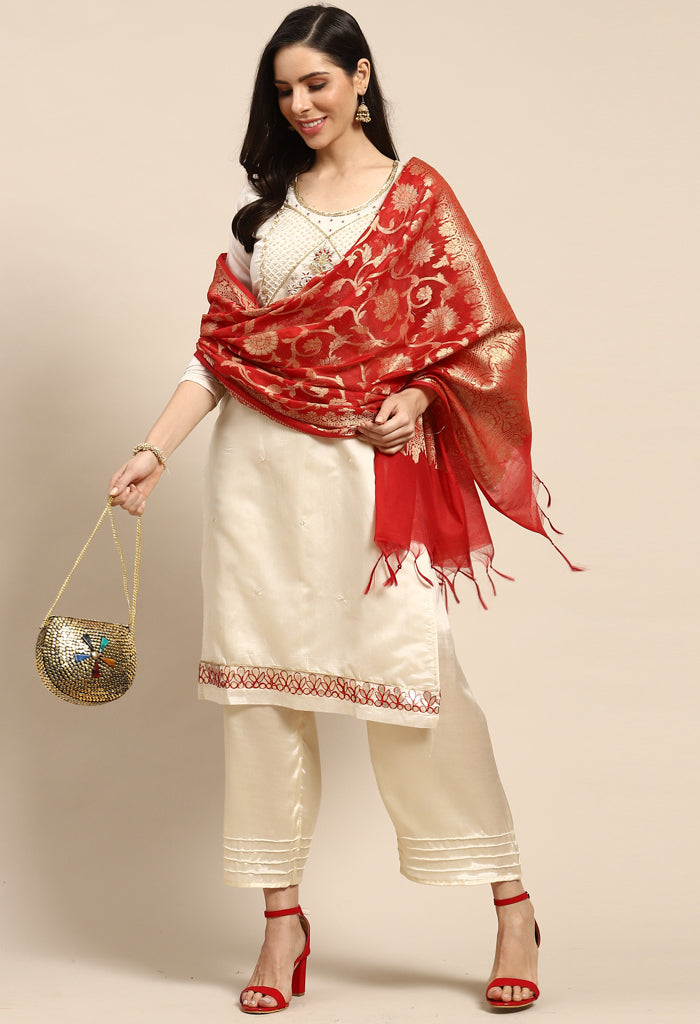 Off-White Chanderi Silk Embroidered Semi-Stitched Salwar Suit Material