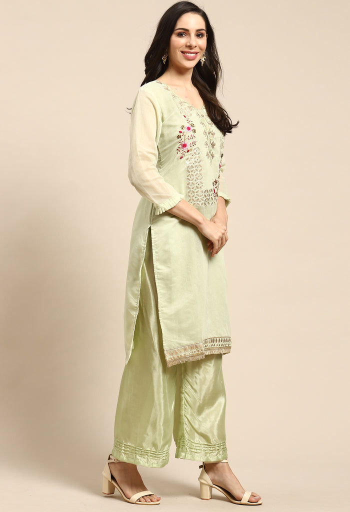 Pista Green Chanderi Silk Embroidered Unstitched Salwar Suit Material