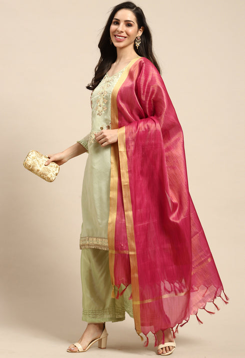 Pista Green Chanderi Silk Embroidered Unstitched Salwar Suit Material