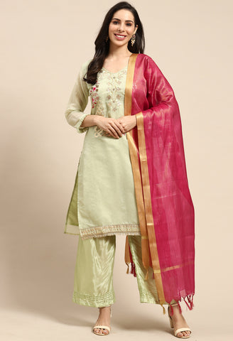 Pista Green Chanderi Silk Embroidered Unstitched Salwar Suit Material