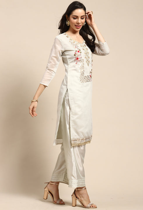 Turquoise Blue Chanderi Silk Embroidered Unstitched Salwar Suit Material