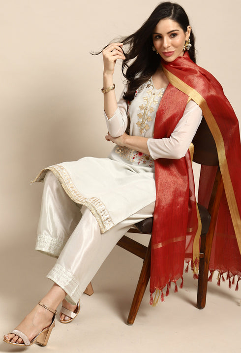 Turquoise Blue Chanderi Silk Embroidered Unstitched Salwar Suit Material