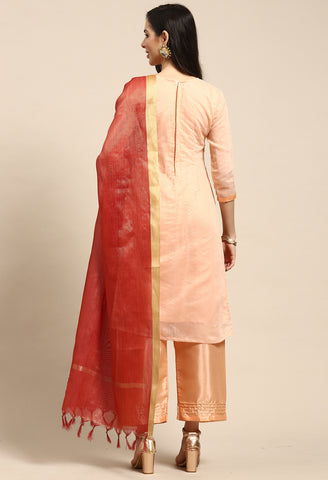 Peach Chanderi Silk Embroidered Unstitched Salwar Suit Material