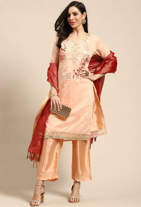 Peach Chanderi Silk Embroidered Unstitched Salwar Suit Material