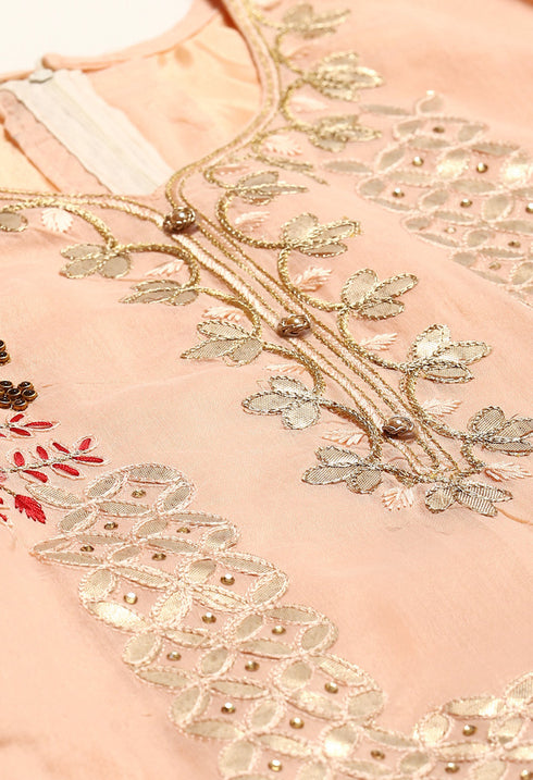 Peach Chanderi Silk Embroidered Unstitched Salwar Suit Material