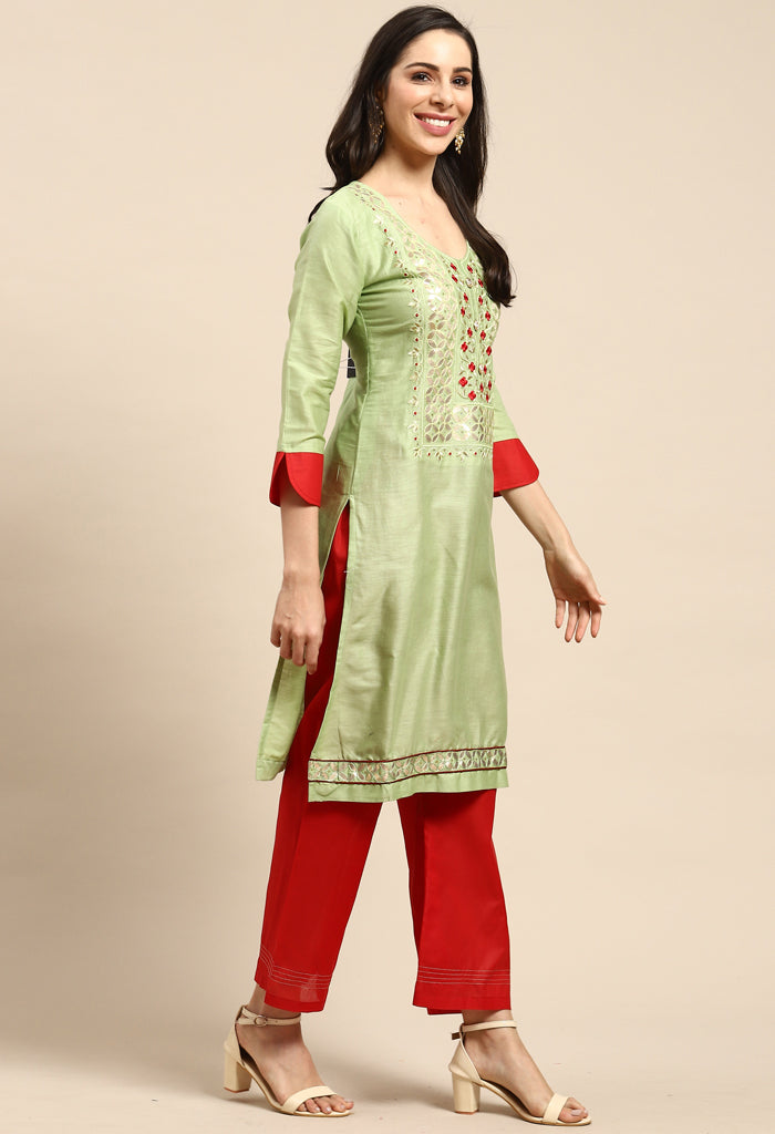 Green Pure Cotton Embroidered Unstitched Salwar Suit Material